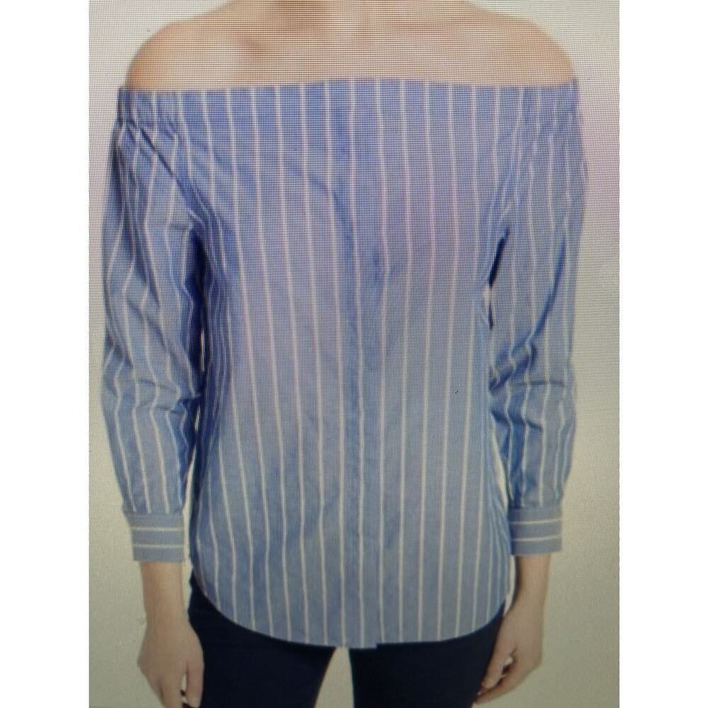 Equipment, Gretchen, blue and white striped off the shoulder top small